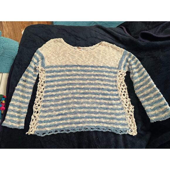 FREE PEOPLE FRENCH CREEK COTTON SLUB KNIT STRIPED SWEATER W/ CROCHET SIDES S - Picture 11 of 11